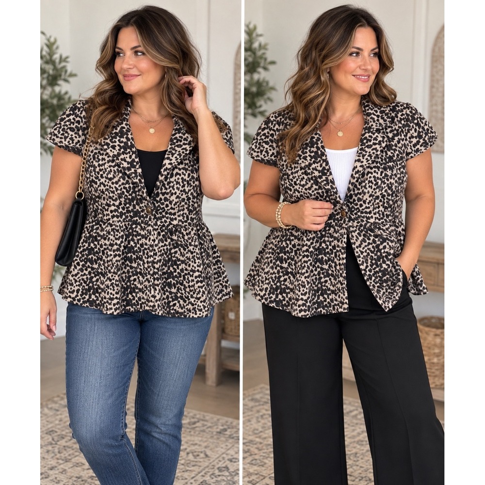 D.E.A. New York Leopard Print Linen Blend Peplum Jacket XL